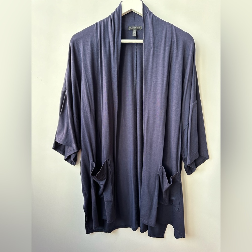 Eileen Fisher Stretch Jersey Open Front Shawl Collar Cardigan - Navy Blue - XL